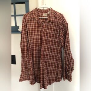 L.L. Bean Men's Burgundy and Cream Plaid Button-Down Shirt